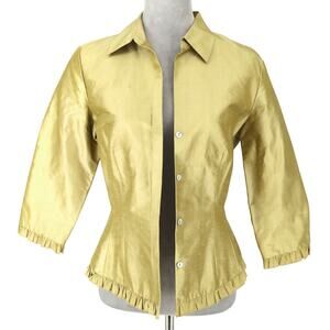 Cache Jacket Womens 8 Silk Green Gold Lined Pleated Trim Lightweight Vintage